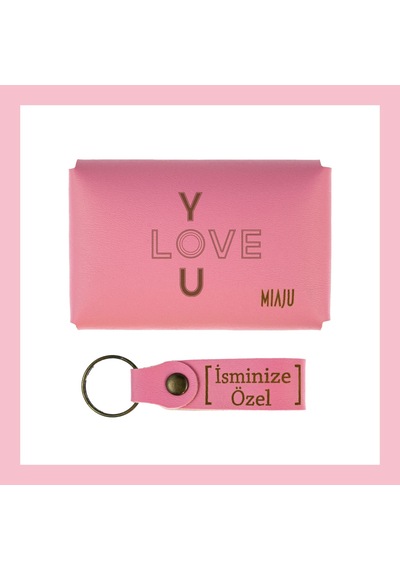 Miaju Pembe Renk, I Love You Sevenler İçin, İsme Özel Cüzdan Ve Anahtarlık Set, Efsane Hatıra Set Pembe