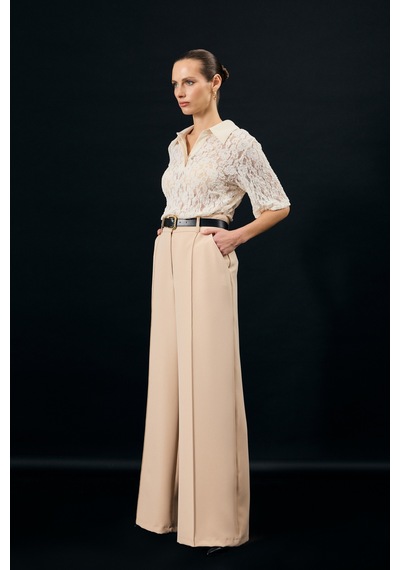 Sateen Kemer Detaylı Pantolon - Bej-137346