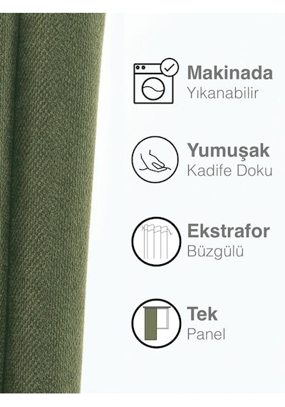 Kadife Dokulu Zeytin Yaprağı Ada Fon Perde Ekstrafor Büzgülü Zeytin Yaprağı