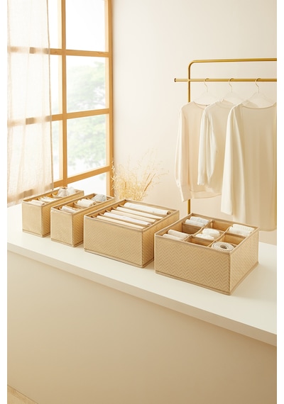 Ocean Home Textile 4'lü Bölmeli Bej Balıksırtı Çekmece İçi Düzenleyici Kutu Set
