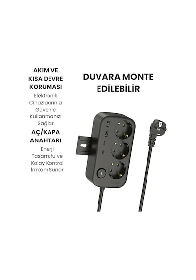 3'lü Priz + 4 Usb 2 Type-c + 2 Usb-a Çoklayıcı Duvara Monte Edilebilir, Aç/kapa Anahtarı, Akım & Kısa Devre Koruma, Yüksek Güç