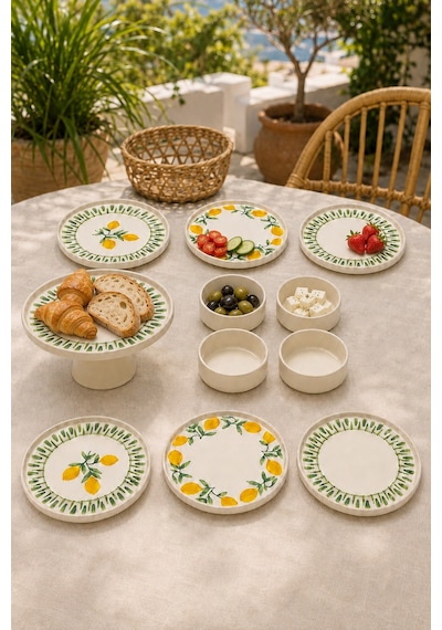 Yeşil Limon 11 Parça 6 Kişilik Handmade Stackable Seramik Tabak Seti Premium Sunum & Kahvaltı Takımı Beyaz