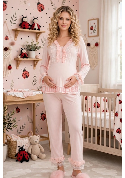 Lady Bebe Pembe Renkli Dantel Detaylı 33208 Uzun Kol 2 Parça Lohusa Hamile Pijama Takımı Açık Pembe