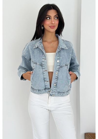Kadın Taş Detaylı Denim Ceket Astarsız & Cool Model Mavi