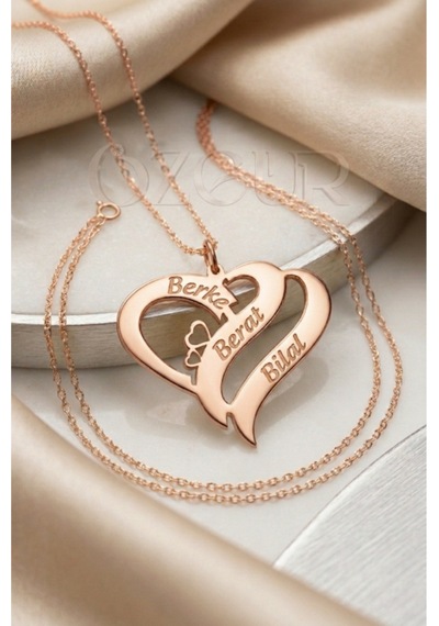 925 Ayar Gümüş İsimli İç İçe Kalpli Kolye Rose Gold