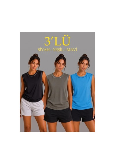 Butik İstanbul 3 Lü Kolsuz Sporcu Atlet Seti Yazlık Bisiklet Yaka - Siyah, Haki, Mavi Çok Renkli