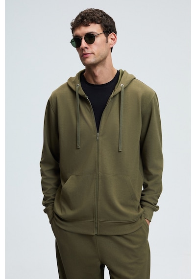 Grimelange GAGE Erkek Kapüşonlu Metal Kuş Gözü Detaylı Fermuarlı Kordonlu Cepli Haki Sweatshirt