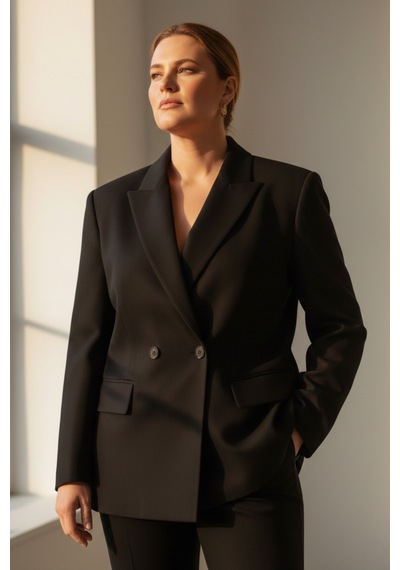 Hanezza Çift Düğmeli Blazer Ceket Plus Size Siyah - 789093682 Siyah