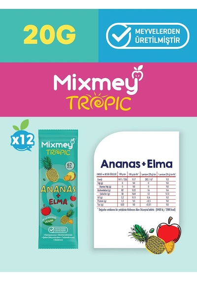 Mixmey Ananas Meyve Barı 12 Adet | Atıştırmalıklar – Vegan, Glutensiz, Koruyucusuz 20gr X 12 Adet