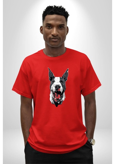 Doberman Kırmızı Dil Siyah Dik Kulak Pamuklu Bisiklet Yaka Unisex Oversize Boyfriend Dijital Baskılı Kırmızı T-shirt Kırmızı