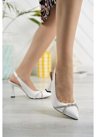 Nesil Shoes Tam 508 Beyaz Taşlı Topuklu Kadın Sandalet Beyaz