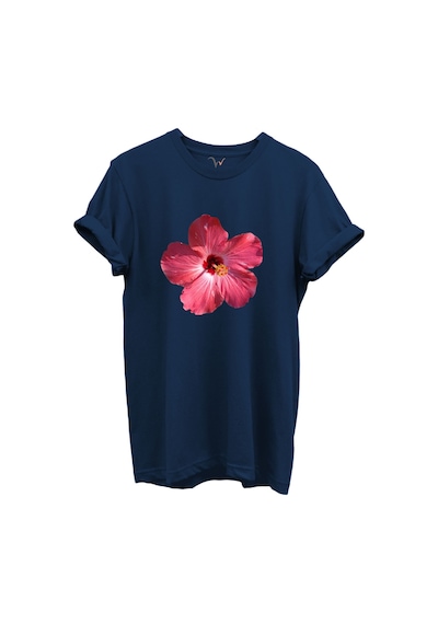 Pembe Tropik Hibiskus Çiçekli Kadın %100 Pamuk Regular Fit Bisiklet Yaka T-shirt Lacivert