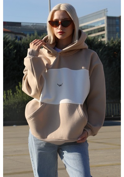 Bej Renk Bloklu Şardonlu Sweatshirt Mg1544