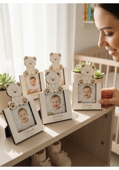 Kişiye Özel Ayıcık Figürlü Ahşap Fotoğraflı Magnet 10'lu Beyaz