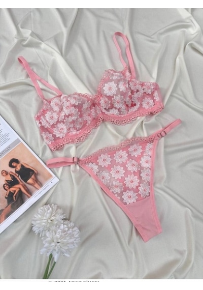 Arona Kadın Balenli Transparan Papatya Desenli Tanga Sütyen Takımı Pembe Papatya Pembe