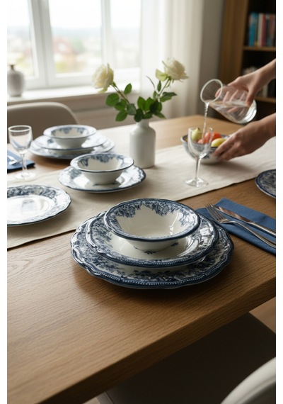 Akayev Porselen Vintage Blue 24 Parça Yemek Takımı Mavi
