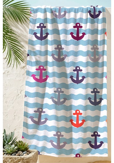 Çapa Marine Plaj Havlusu - Nautical Dalga Çizgili Mavi Beyaz Hızlı Kuruyan Mikrofiber Havlu Kumlu Ada