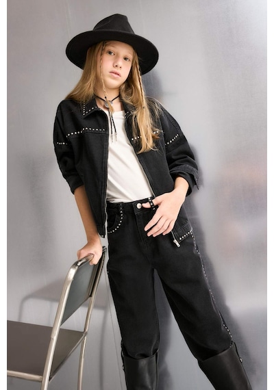 Defacto Pamuklu Fermuarlı Denim Ceket Kız Çocuk F7966a825aubk27 Siyah-bk27