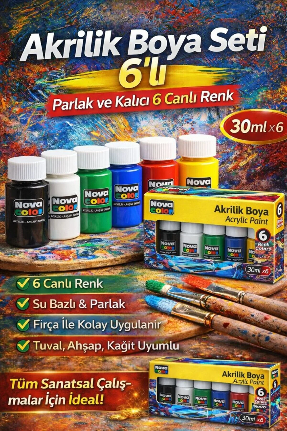 6 Lı Akrilik Boya Seti 30 Ml Canlı Renkler, Su Bazlı, Çok Amaçlı Boya Çok Renkli