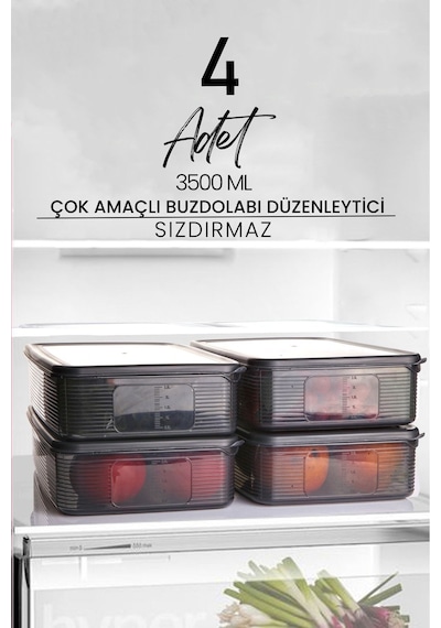4 Adet 3,5 Litre Buzdolabı İçi Düzenleyici Dikdörtgen Erzak Saklama Kabı Seti - Organizeri 3500ml Diğer