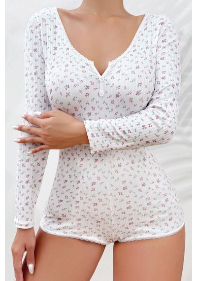 Merry See Çiçek Desenli Tasarım Tulum Gecelik Body Çok Renkli