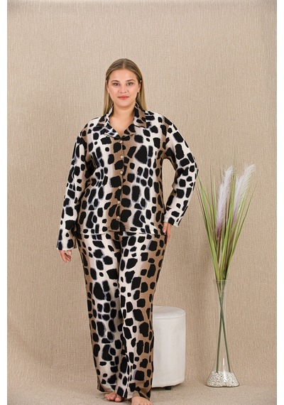 Aria's Closet Arias Closet Büyük Beden Siyah Benekli Düğmeli Uzun Kol Viskon Pijama Takımı Çok Renkli