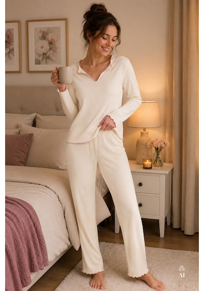 Koza İç Giyim Kadın Soft Touch Fitilli Kalp Detaylı Uzun Kollu Pijama Takımı Kk70640 Ekru