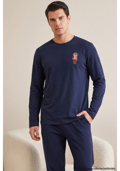 Siyah İnci Baskılı Pamuklu Likralı Örme Pijama Takım 26241803 Lacivert
