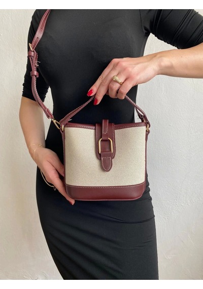 Glemix Alin Keten Bordo Kontrast Kova Model Kadın Omuz Çantası Keten Bordo
