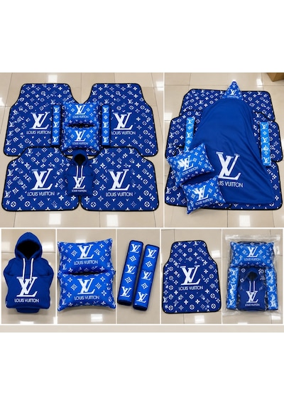 Mavı Süper Set 4 Parca Paspas Dörtlü Servis Kılıfı + İkili Yastık Ve Kemer Kılıfı +vites Poları Lv