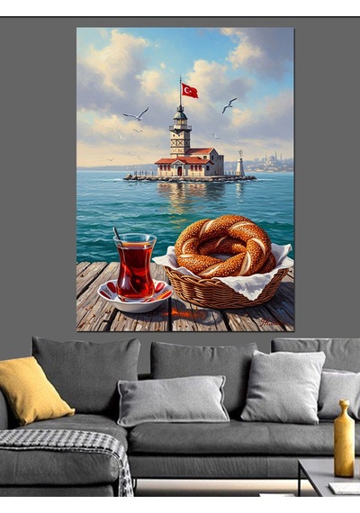 İstanbul Kız Kulesi Çay Simit Dekoratif Kanvas - Mdf Ahşap Tablo