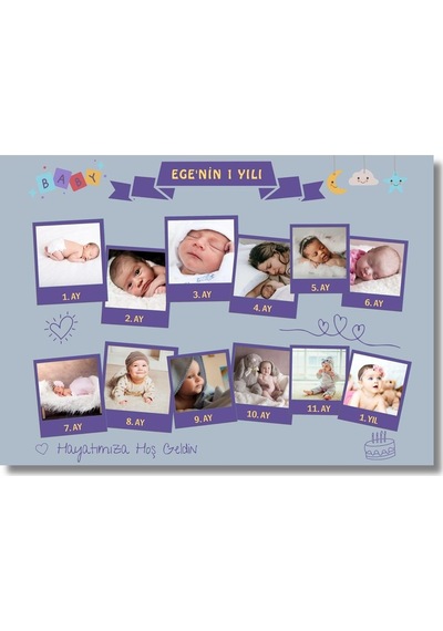 Bebek Odası Bebek Aylık Kolaj Temalı Anı Tablosu Çerçevesiz - 50x70