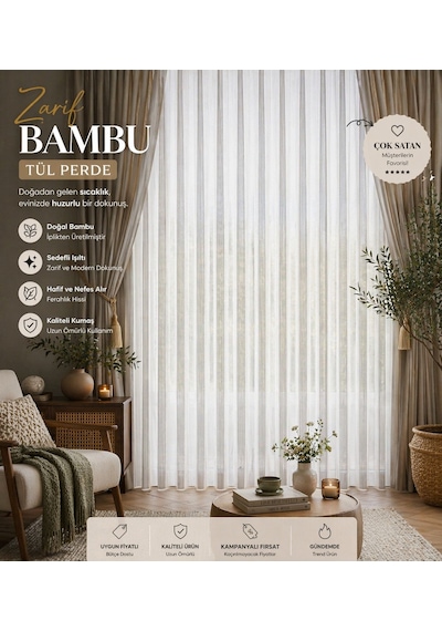 Ütü İstemez Sedefli Lüx Bambu Model Tül Perde 1/2 Seyrek Pileli Modern-şık Özel Ölçü Ekru