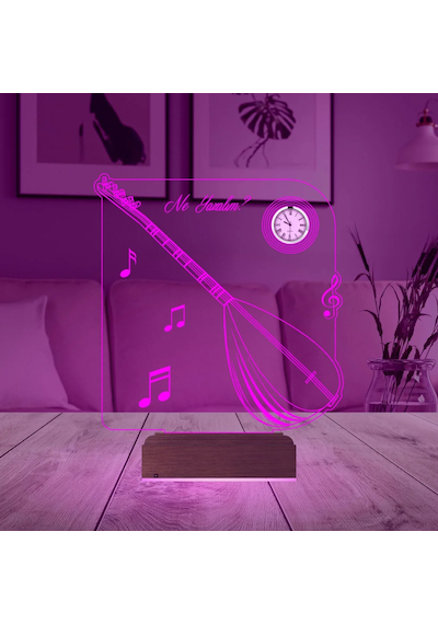 Luvivia Saz Bağlama Müzik Nota Tasarım Kişiye Özel Metal Saatli 3d Lamba - Masa Gece Lambası Şeffaf