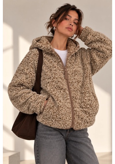 Bb Butik Basic Kadın Kapüşonlu Fermuarlı Peluş Ceket Oversize Rahat Kesim My3535 Kahverengi
