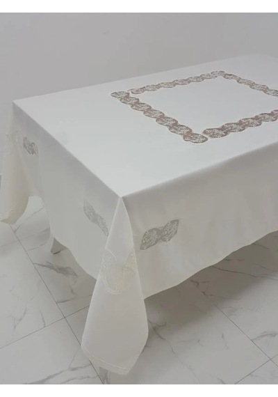Bahar Lüx Dantelli Krep Kumaş Krem Masa Örtüsü 170x330 Cm - 1001 Çok Renkli