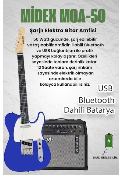Midex Tlx-50bl-50amp Tele Kasa Maple Klavye 2 Single-coil 50w Amfili Elektro Gitar