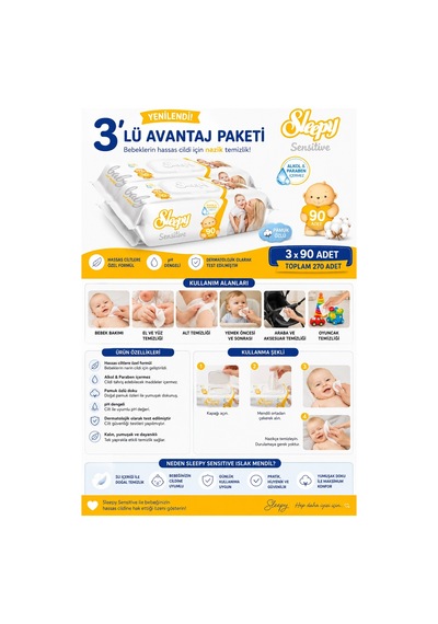 Sleepy Sensitive Islak Mendil 90'lı 3'lü Paket 3'lü Set