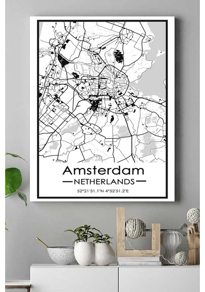 Pster18601 Hollanda Amsterdam Harita Dekoratif Tasarım Kanvas Tablo 30 X 40