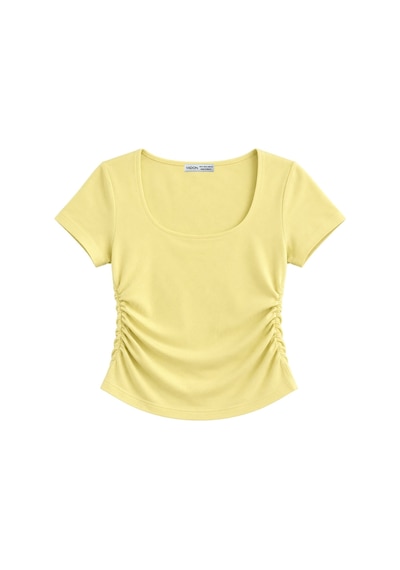 Vadon 1006 Kadın Pamuklu Kare Yaka Yan Büzgü Detaylı Basic Crop T-shirt Bluz Tereyağı Sarısı Sarı