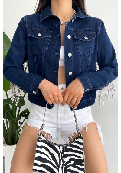 Femelle Kadın Sırtı Püsküllü Tasarım Denim Kot Ceket mavi