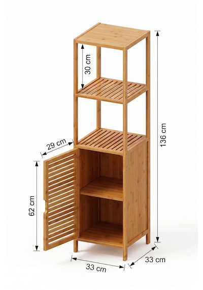 Bambu Tek Kapaklı 3 Raflı Çok Amaçlı Banyo Düzenleyici Organizer Dik Dolap Bej