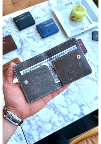 Rixe Antik Gri Unisex Hakiki Deri Kartlık Cüzdan Ultra Ince Kişiye Özel Isim Baskılı Gri