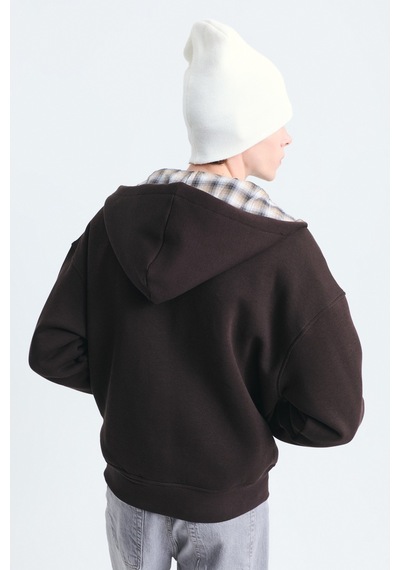 Vamos Boxy Fit Fermuarlı Kapüşonlu Sweatshirt V70-245 Kahve