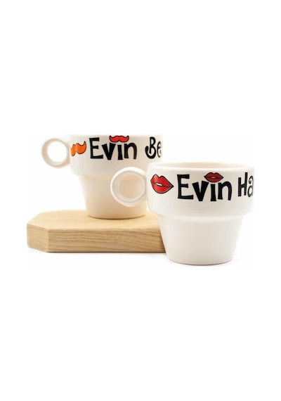Evin Hanımı & Evin Beyi 2&apos Li Espresso Bardak Seti - Hediye Seramik Fincan Açık Ahşap