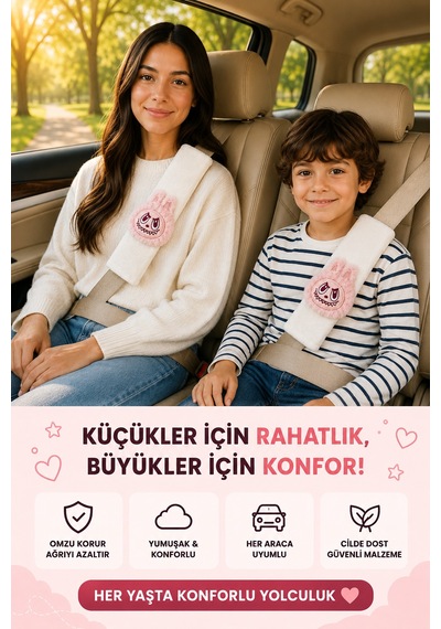 Bunny Açık Pembe Emniyet Kemeri Aksesuarı - Emniyet Kemeri Kılıfı-araç Emniyet Kemeri Omuz Koruyucu 1 Adet
