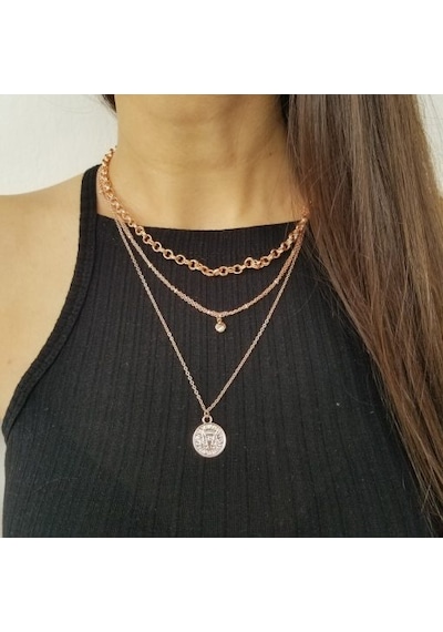 Rose 3Lü Madalyon Kolye  Seti Çok Renkli