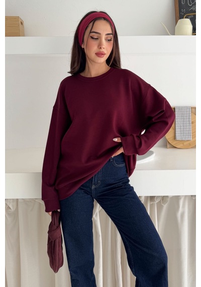 Femelle Bordo Modal Kumaş Basic Sweatshirt