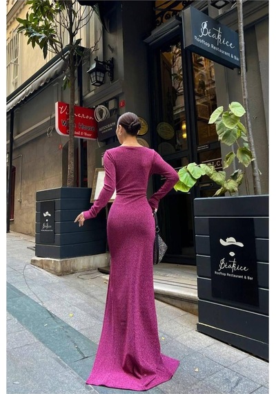 DefyModa Kadın Kalp Yaka Yırtmaçlı Uzun Kollu Abiye Elbise Gülkurusu