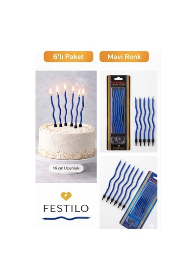 6 Lı Kıvrımlı Mum Mavi Pasta Süsü Spiral Mum Pasta Mumları 16 Cm